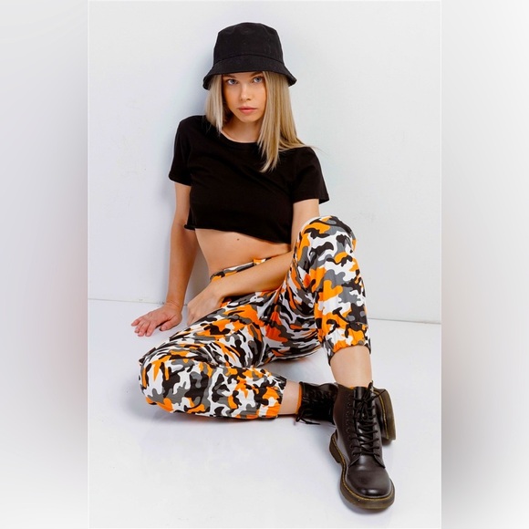 New Trendy Orange & Black, White, Camouflage High Waisted Cargo Pants - Picture 1 of 4